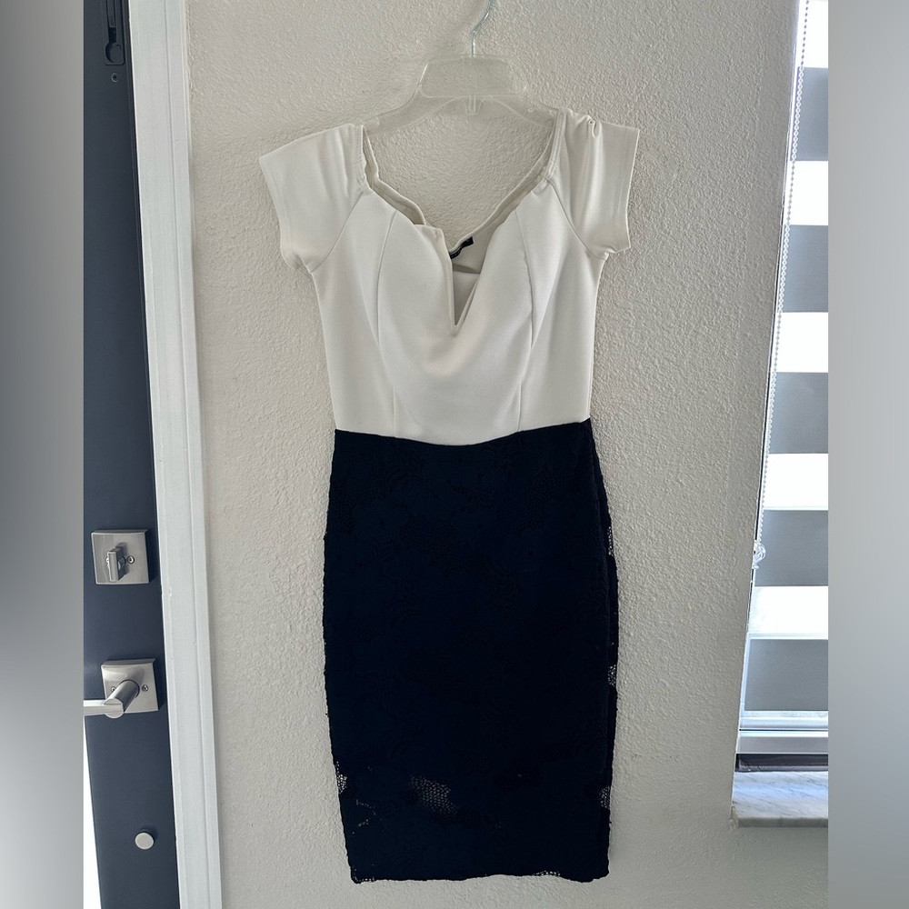 Off-the-shoulder White and Black Business Attire Dress